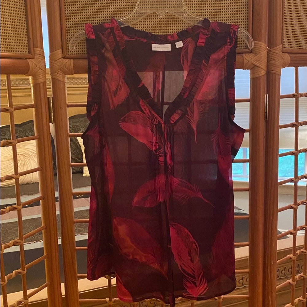 NY&C Sheer Burgundy Blouse with Feather Design